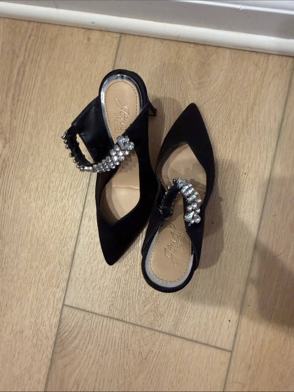 Jewel Badgley Mischka Black Pointed-Toe Slingback Heels with Crystal Strap